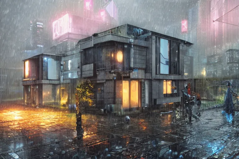 Prompt: cyberpunk, an estate agent listing photo, external view of a 5 bedroom detached city house in the UK, it's raining, by Paul Lehr, highly detailed, photorealistic, unreal engine, 8k,