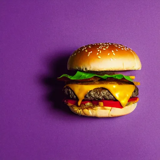 Prompt: a stock photo of a cheeseburger on a purple background, product photography, f 2. 4, bokeh effect, award winning