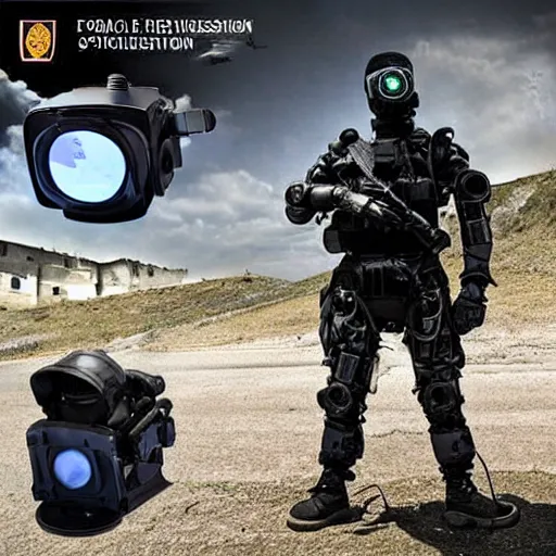 Image similar to futuristic special forces soldier robot, with exoskeleton armor and night vision goggles