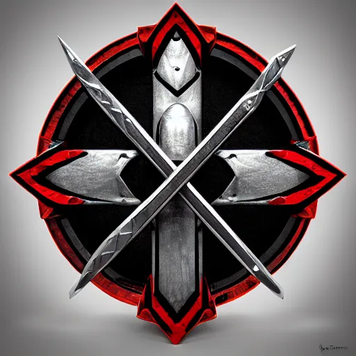 Image similar to game - icon of crossed medieval sword and axe, on a red prism, powerful fantasy epic legends, game icon stylized, digital illustration radiating, a glowing aura, global illumination, ray tracing, 8 k high definition, intricate details, octane render, unreal engine, trending on arstation