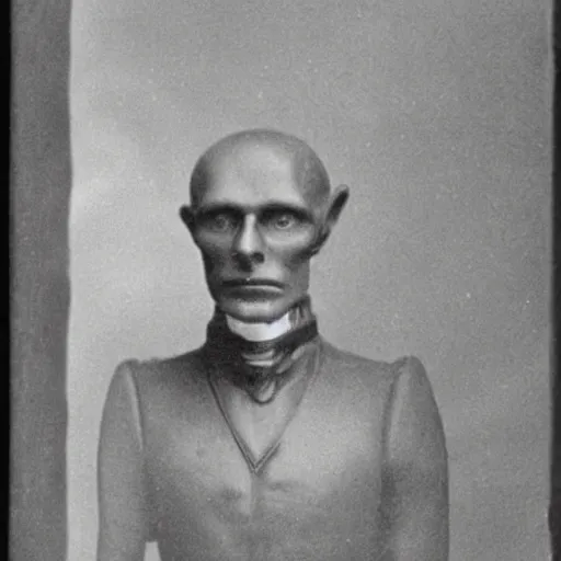 Prompt: photograph of alien by edwardian, male, 1 9 0 0 s, 1 9 1 0 s, grainy, slightly blurry, faded, realistic face