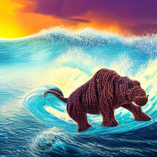 Prompt: a closeup photorealistic photograph of a cute smiling knitted tiger hippopotamus riding a wave at sunset. surf in background. professional capture. brightly lit scene. this 4 k hd image is trending on artstation, featured on behance, well - rendered, extra crisp, features intricate detail, epic composition and the style of unreal engine.