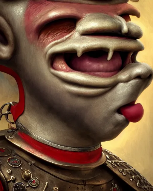 Image similar to highly detailed closeup, face profile portrait of a tin toy matt damon as a medieval demon with horns eating cakes in a castle, hyper realistic, artstation, illustration, nicoletta ceccoli, mark ryden, lostfish, dan decarlo, bob clampett, max fleischer, digital paint, matte paint, vivid colors, detailed and intricate environment