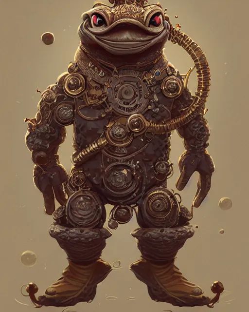 Prompt: a slimy anthropomorphic toad king wearing ornate steampunk armor, smooth, intricate, elegant, digital painting, artstation, steam, grungy steel, concept art, sharp focus, octane render, illustration, art by josan gonzalez,