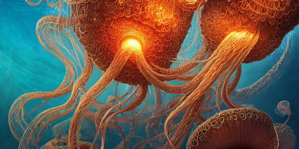 Image similar to a beautiful hyperrealistic ultradetailed 3d art of gigantic glowing complex multi-layered intricate jellyfish creatures with long flowing tendrils, by Justin Gerard and Laurie Greasley and Peter Mohrbacher and Dan Mumford, tarot card art, detailed shading, vray octane, redshift. micro details, dramatic lighting, volumetric lighting, 8k