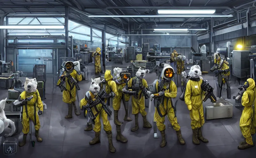 Image similar to epic scenic shot, highly detailed weapons laboratory, clean and organized, quantum technology, bright lights, warehouse, with anthropomorphic furry researchers in military uniforms and hazmat suits, carrying guns, tables, parts, gun scraps, windows, sci fi, Extremely detailed digital art, furry art, furaffinity, DeviantArt, HD artstation