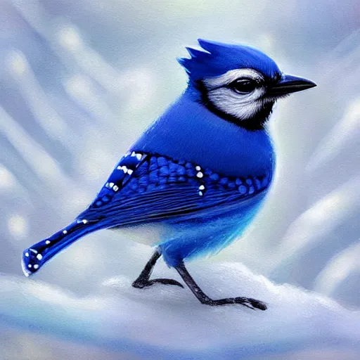 Image similar to the smallest most cutest most adorable little bluejay ever known or seen playing in a pile of snow during winter outside the window and trending on art station, stylized painting, high resolution, real life, photograph, photorealistic