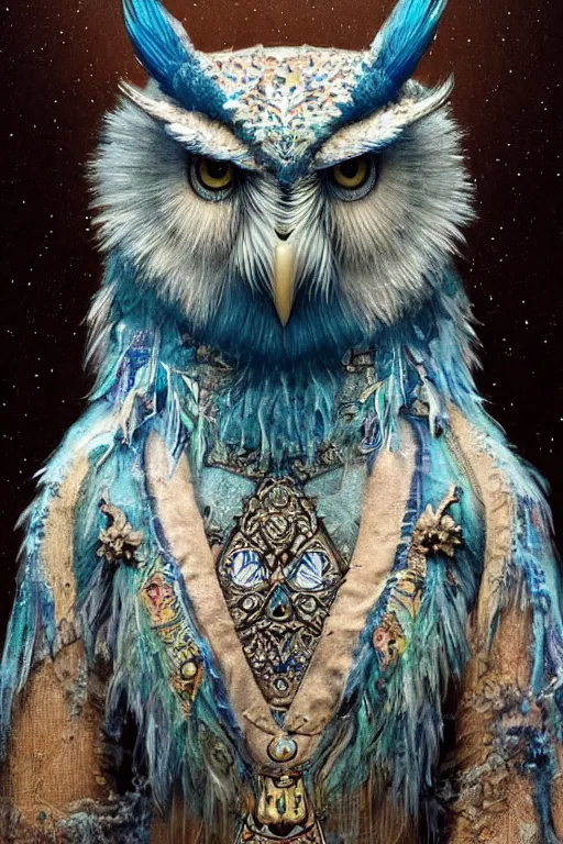 Prompt: a beautiful upper body shot from a fantasy film of a humanoid iridescent blue owlbear wearing a loose tunic. an anthropomorphic owlbear. fantasy, frown, intricate, elegant, highly detailed, digital painting, artstation, concept art, matte, sharp focus, illustration, art by artgerm and greg rutkowski and alphonse mucha