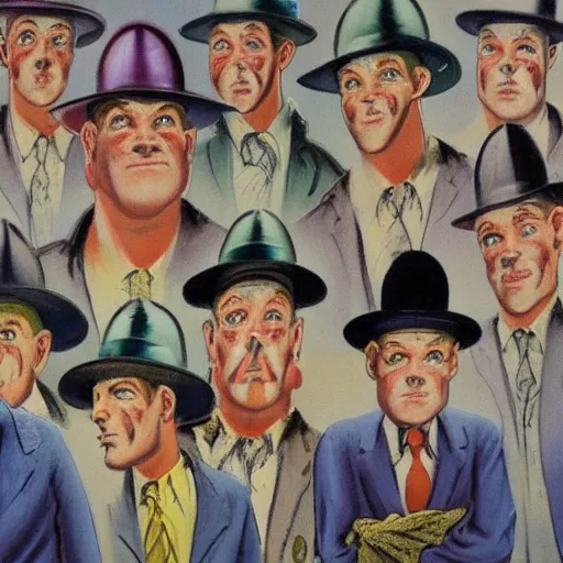 Image similar to A row of men in hats are standing, looking into the distance. the man in the centre is facing the front, looking downwards at his stomach by Frank Kelly Freas