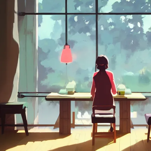 Image similar to woman sitting in a cafe, cottagecore, atey ghailan, goro fujita, studio ghibli, rim light, sharp lighting, clear focus, very coherent,