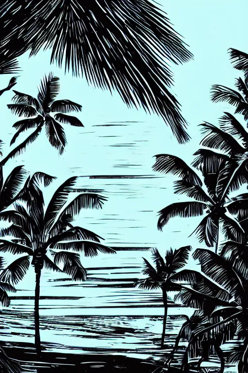 Prompt: art by brian reedy, a beautiful black ink linocut print of a tropical beach, 8 k, frostbite 3 engine, cryengine, dof, trending on artstation, digital art, crepuscular ray