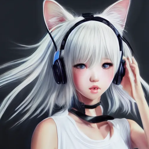 Image similar to realistic detailed semirealism beautiful gorgeous natural cute excited happy Blackpink Lalisa Manoban white hair white cat ears blue eyes, wearing black camisole outfit, headphones, black leather choker artwork drawn full HD 4K high resolution quality artstyle professional artists WLOP, Aztodio, Taejune Kim, Guweiz, Pixiv, Instagram, Artstation