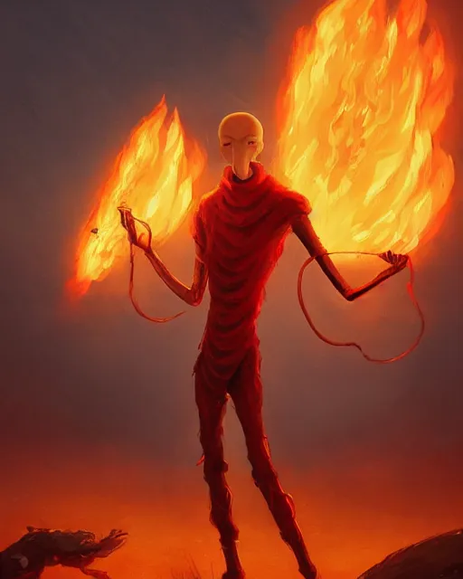 Prompt: humanoid squid squidward wearing fire nation clothing and practicing firebending outside at susnset, [ greg rutkowski ]