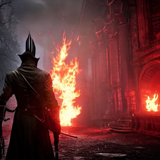 Image similar to looking down rifle in bloodborne first person shooter, close focus, dark, fire in background, hyperrealistic, 4 k