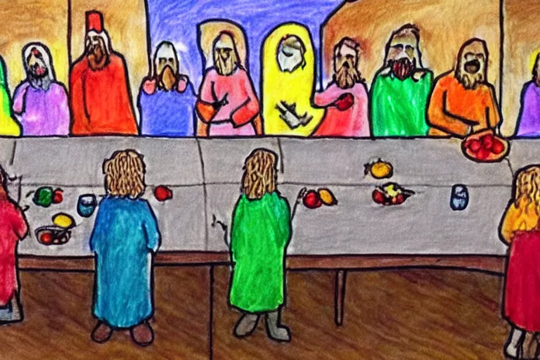 Image similar to Kids crayon drawing of the last supper