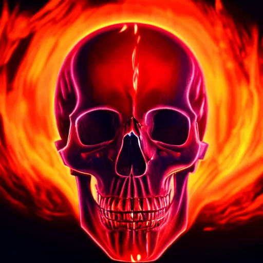 Image similar to a highly detailed human skull on fire in front of a glowing red background, 3 d, highly detailed, digital art, artstation, concept art, trending