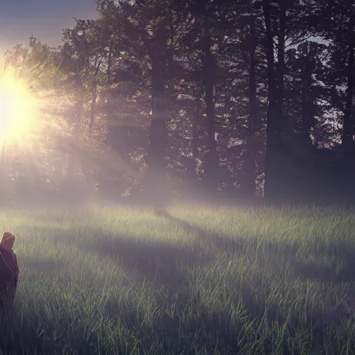 Prompt: old prophet wandering about a meadow. volumetric light. crepuscular rays. light scattering.