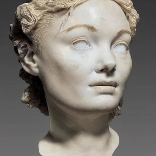 Image similar to lifelike, detailed marble bust of bjork's face, artifact from ancient greece