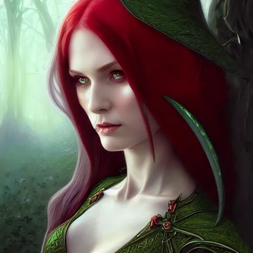 Image similar to Portrait of seductive female elven priest, D&D, green eyes, choker, long red hair, demon wings, fantasy, intricate, elegant, highly detailed, digital painting, artstation, concept art, smooth, sharp focus, illustration, art by artgerm and greg rutkowski and alphonse mucha