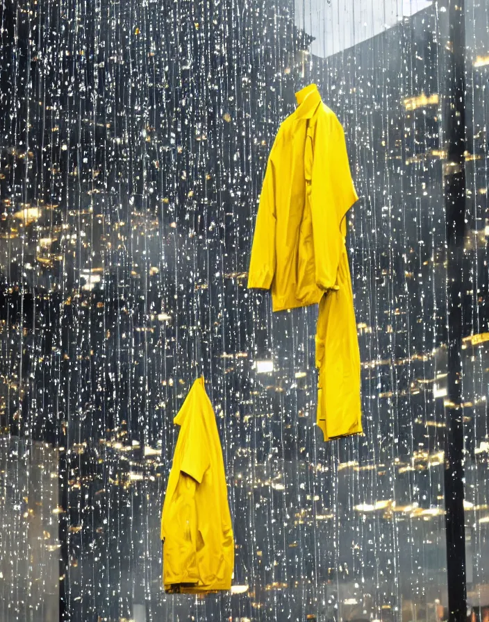 Prompt: a lone yellow zara raincoat flying hanging mid - air on a glittering rainy display designed by james terrell, we anderson