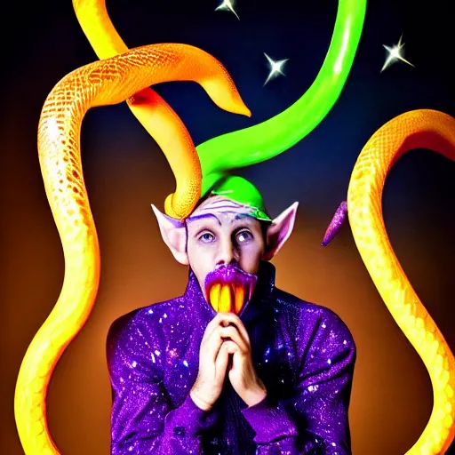 Prompt: magical purple elf man with pointy ears, a orange mustache, a snakes tongue, and sparkly skin, portrait photography