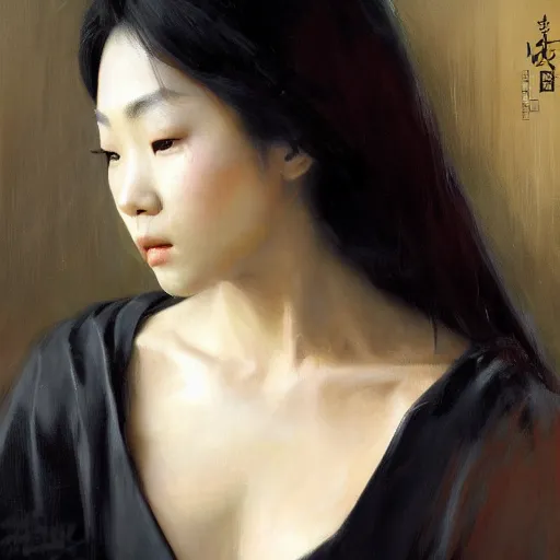 Image similar to detailed realistic cinematic wide shot of beautiful attractive hollow cheeks asian woman wearing black suit robe slim face symettrical face clean skin black eyes black robe smooth, sharp focus, ultra realistic, spring light, painting by gaston bussiere, craig mullins, j. c. leyendecker