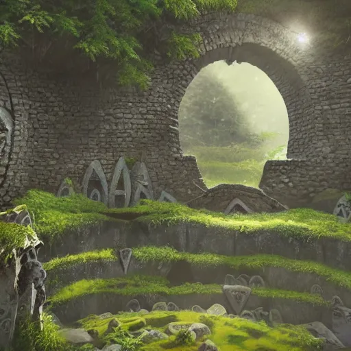 Image similar to ancient overgrown ruins, medieval gates, runestones, nostlagia, mysetrious etherial mesmerizing runic cat eyes, magical elven geometry, floating islands, hyper detailed, realistic