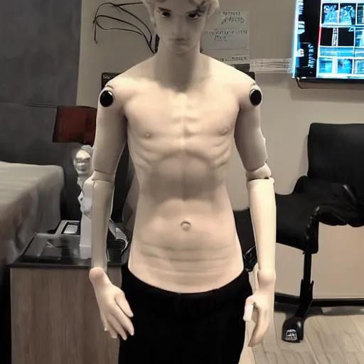 Image similar to “a realistic detailed photo of a guy who is an attractive humanoid who is half robot and half humanoid, who is a male android, twitch streamer Ninja Tyler Blevins, shiny skin, posing like a statue, blank stare, bedroom, close up”