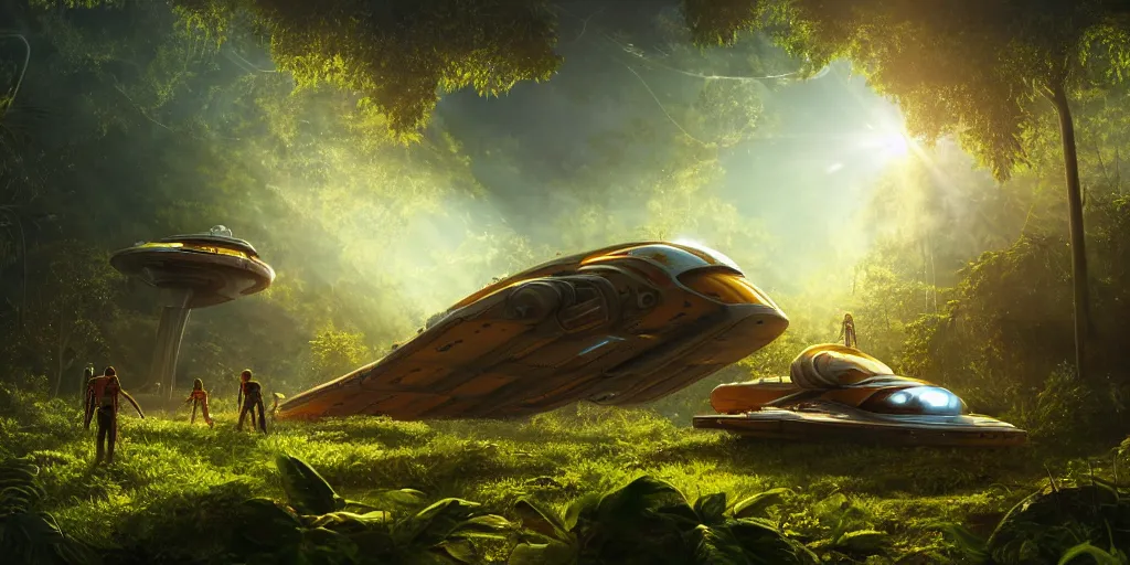 Image similar to a futuristic rusty old spaceship, on a landing pad, surrounded by a lush jungle, in the foreground two explorers are having a conversation, golden hour, sun beams, volumetric light, hyperdetailed, artstation, cgsociety, 8k