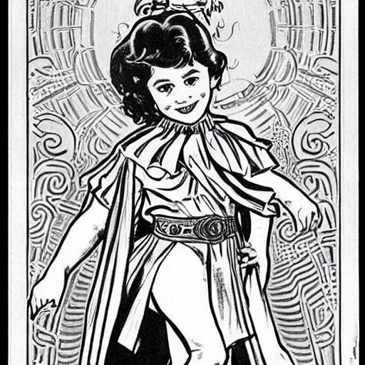 Image similar to a little girl with a mischievous face and short wavy curly brown hair. she is dressed as a knight. well composed, clean elegant painting, beautiful detailed face. comic book art by steve ditko and jack kirby and alphonse mucha