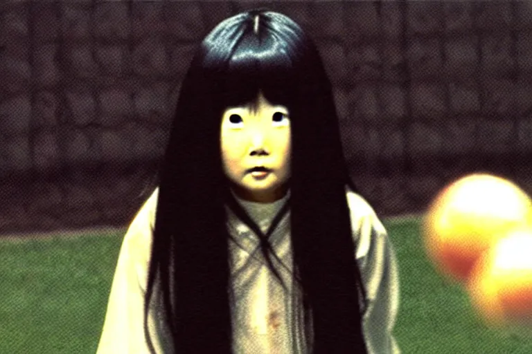 Prompt: a still photo of sadako from the ring movie playing baseball colored