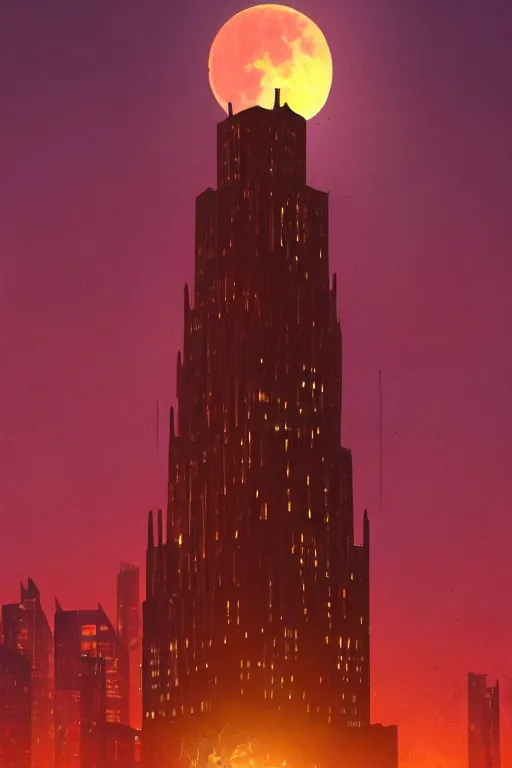 Image similar to wizard tower in downtown chicago, silhouetted by enormous bloodmoon, an epic fantasy, dramatic lighting, cinematic, establishing shot, extremely high detail, photorealistic, cinematic lighting, artstation, by simon stalenhag, horizon forbidden west