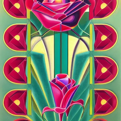 Image similar to an art deco painting of a rose, by joseph stella, synthwave, behance contest winner, crystal cubism, digital illustration