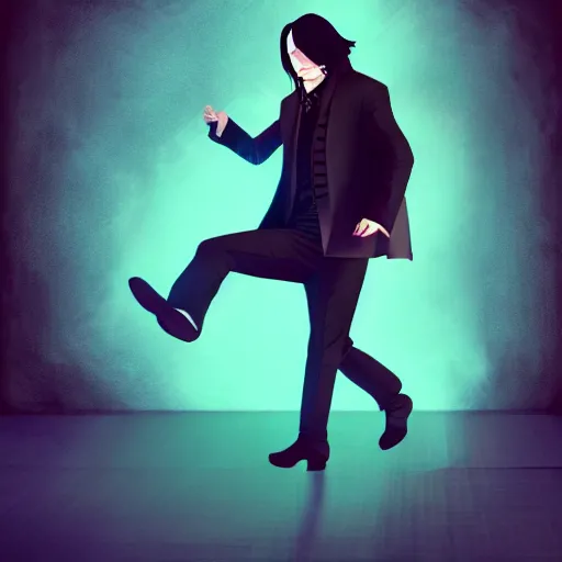 Image similar to Severus Snape dancing in a bar, cyberpunk, full body, realistic, digital art