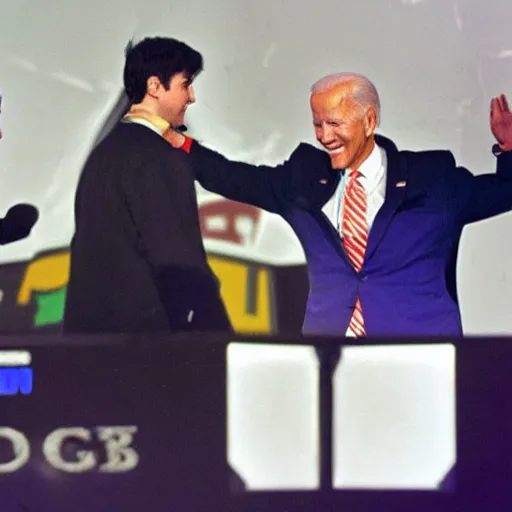 Prompt: Photograph of Joe Biden popping off on Hungryb0x after winning a game of Super Smash Bros. Melee at an international eSports tournament