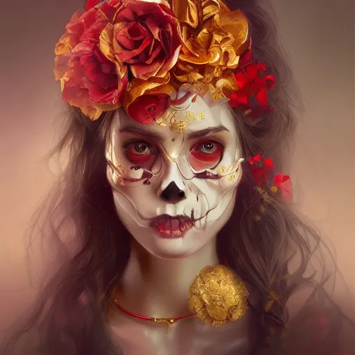 Image similar to A potrait of a women skull head with gold and red flowers, digital painting, by Stanley Artgerm Lau, WLOP, Rossdraws, LeraPi, and Sakimichan, digital painting, trending on ArtStation, deviantart, SFW version