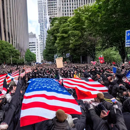 Prompt: 4 k hdr sony a 7 wide angle photo of soldiers waving hundreds of bitcoin flags at a protest of thousands of people surrounding federal reserve building with us dollars burning in a pile and flying everywhere