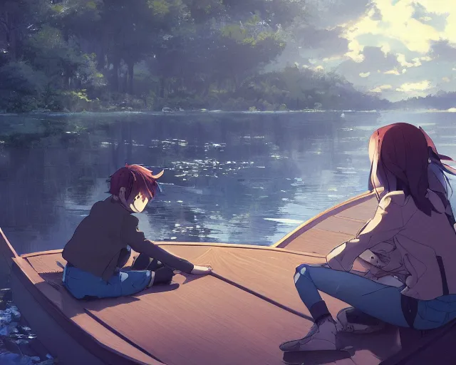 Prompt: a boy and a girl with long flowing auburn hair, boy has short black hair, sitting next to each other in one single boat. Atmospheric lighting, long shot, romantic, boy and girl are the focus, trees, blue water. Anime. By Makoto Shinkai, Stanley Artgerm Lau, WLOP, Rossdraws, James Jean, Andrei Riabovitchev, Marc Simonetti, krenz cushart, Sakimichan, D&D trending on ArtStation, digital art.