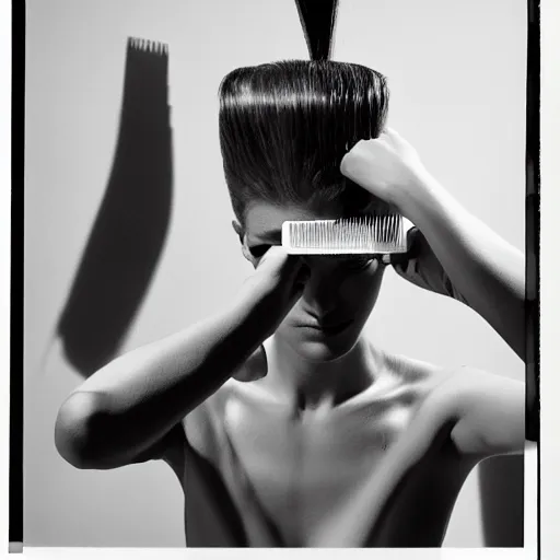 Prompt: a studio close - up portrait of a beautiful fashion model getting an haircut. surreal photograph, lo - fi, polished look, silly and serious, hermes ad, fashion photography, toiletpaper magazine, 3 5 mm photograph, colourful, by pierpaolo ferrari, maurizio cattelan, david lachapelle