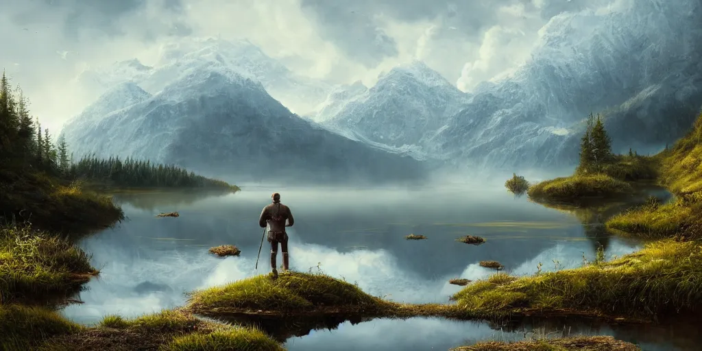 Prompt: beautiful landscape of small lake at midday with distant mountains and close - up of a symmetric detailed man in realistic detailed medieval armor, ultra realistic, highly detailed, hd, sharp focus, cinematic lighting, realistic, vivid colors, gritty, matt painting, digital art, non blurry, sharp, artstation, concept art, smooth, illustration