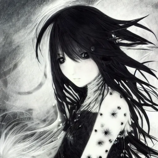 Prompt: yoshitaka amano blurred and dreamy illustration of an anime girl with black eyes, wavy white hair and cracks on her face wearing spiky elden ring armour with the cape fluttering in the wind, abstract black and white patterns on the background, noisy film grain effect, highly detailed, renaissance oil painting, weird portrait angle