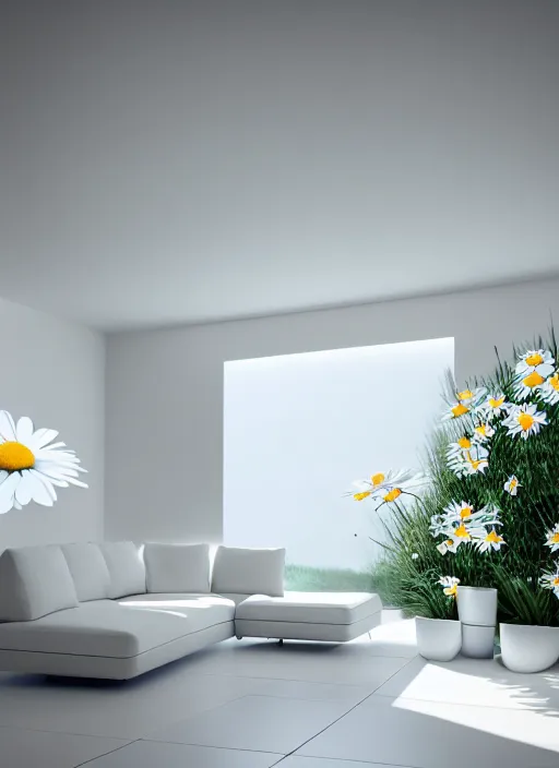 Image similar to bright white zen livingroom with walls made of smooth daisies by zaha hadid, up close shot, sharp focus, global illumination, radiant light, irakli nadar, octane highly render, 4 k, ultra hd,