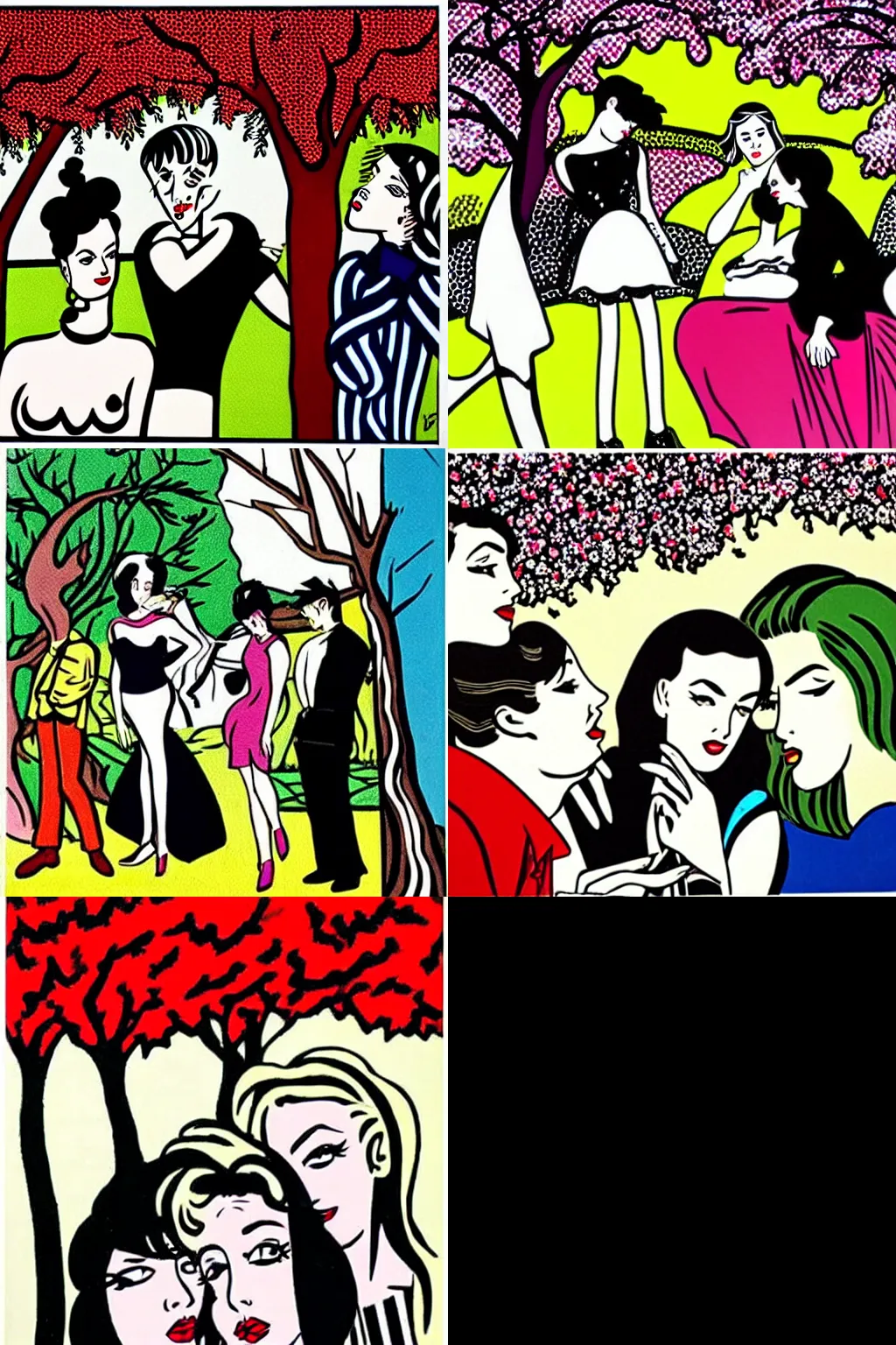 Prompt: an hd painting by roy lichtenstein. three goths loitering in the shade, talking beneath a cherry tree outside a blockbuster video store.