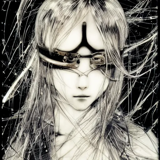 Image similar to Yoshitaka Amano blurred and dreamy illustration of an anime girl with pirate eye patch, wavy white hair and cracks on her face wearing Elden ring armour with the cape fluttering in the wind, abstract black and white patterns on the background, noisy film grain effect, highly detailed, Renaissance oil painting, weird portrait angle