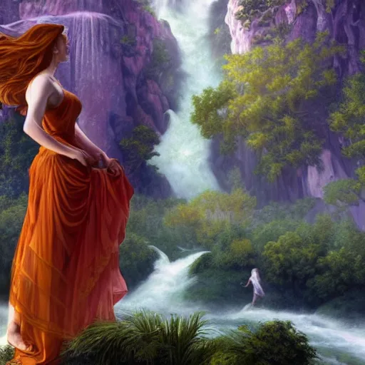 Image similar to a highly detailed byzantine painting of scarlett johansson and emma watson as red haired princesses walking through a waterfall in a gossamer purple dress, epic fantasy, stormy night, viewed in profile from far away, ultrawide lens, art by artgerm and greg rutkowski and alphonse mucha, volumetric lighting, 4 k resolution, trending on artstation, masterpiece