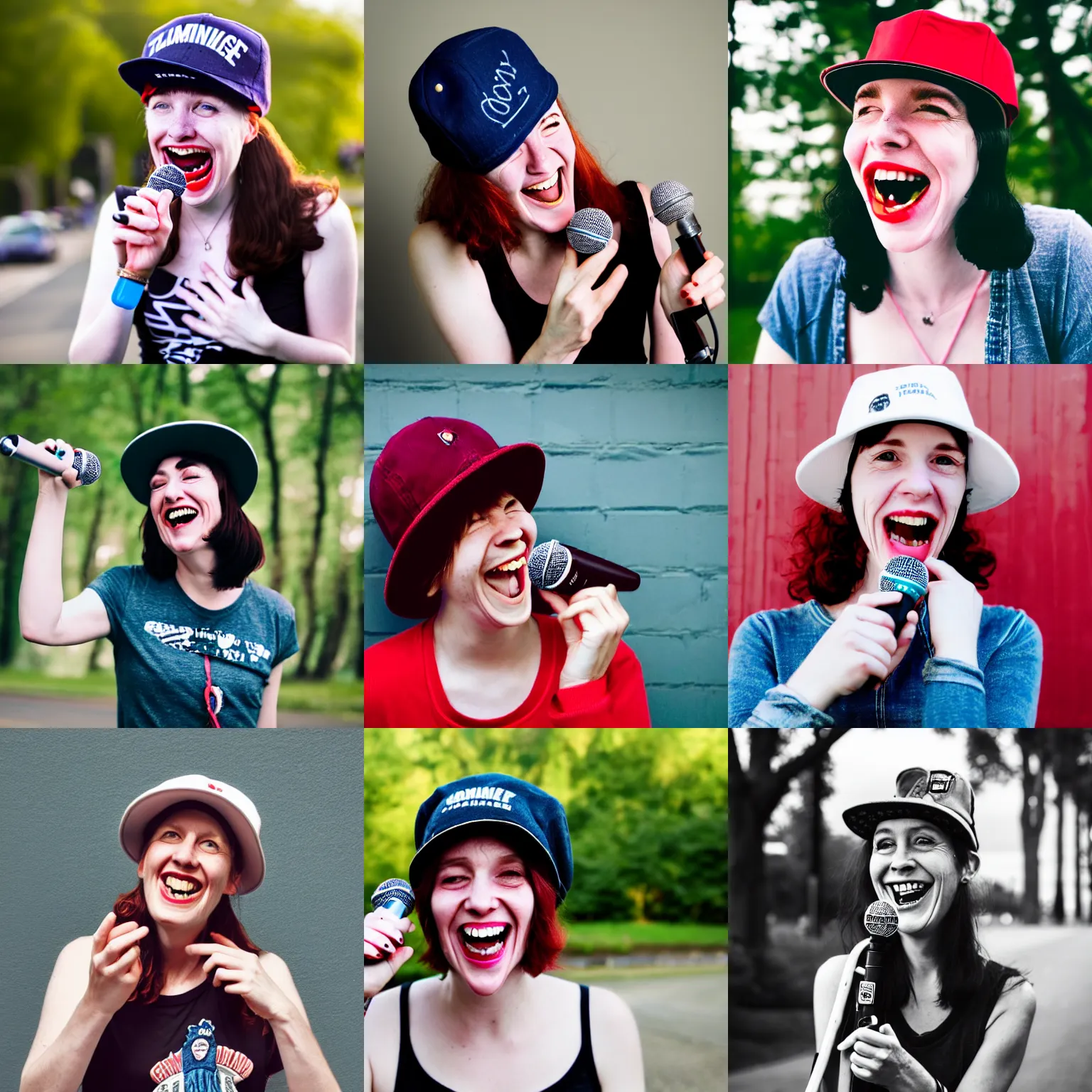 Prompt: an beautiful 3 0 year old woman with skatepunk style and flatbrim hat holding a microphone in her right hand, laughing, pale beautiful skin, no makeup, tomboy, a photograph by jane freilicher, tumblr contest winner, lowbrow, adafruit, lighthearted, contest winner