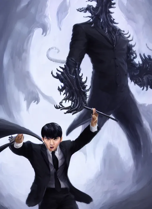 Image similar to a highly detailed illustration of fierce korean man with bowl cut black hair wearing suit and tie with giant black claws, wielding giant black fog claws pose, foggy lovecraftian black mist surrounding background, perfect face, intricate, elegant, highly detailed, centered, digital painting, artstation, concept art, smooth, sharp focus, league of legends concept art, wlop.