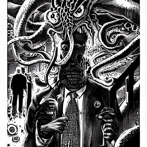 Image similar to Cthulhu as a modern day business man with a family and a drug and gambling addiction, necronomicon is the family Bible , Junji Ito and Greg rutkowski, psychedelic , 50s style infomercial , award winning , retro futuristic