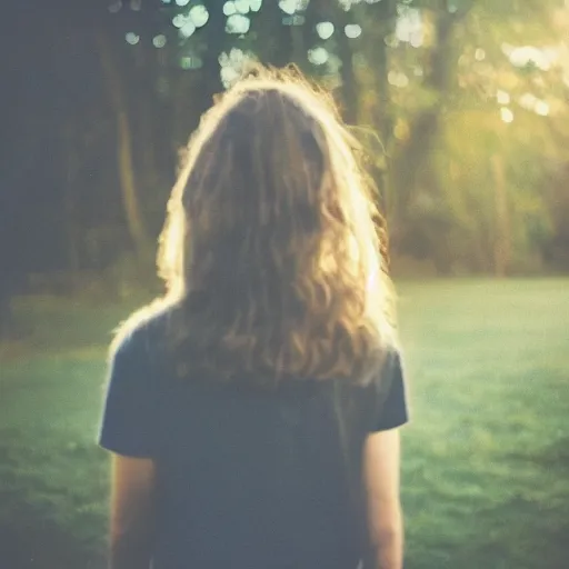 Image similar to instant photograph of a young person, looking to the camera, face only, polaroid, raw, beautiful, nostalgic, light leak, sunset, clouds, park