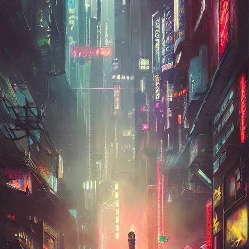 Image similar to a painting of cyberpunk tokyo ultra realistic, colour, concept art, intricate details, night, thunder, raining, eerie, highly detailed, dark fantasy, photorealistic, octane render, 8 k, unreal engine 5. art by artgerm and greg rutkowski and alphonse mucha